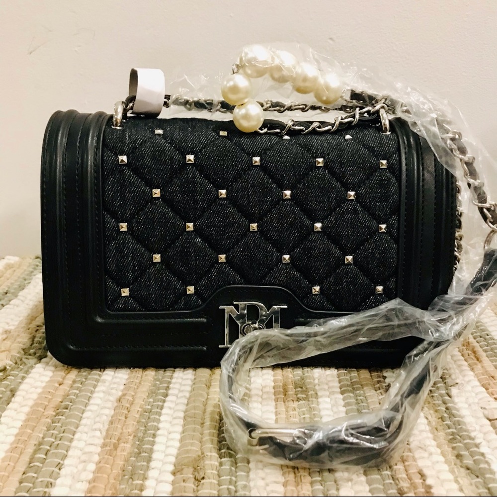 Badgley Mishka black denim, vegan leather adorned with square metal nails bag. - Picture 12 of 15